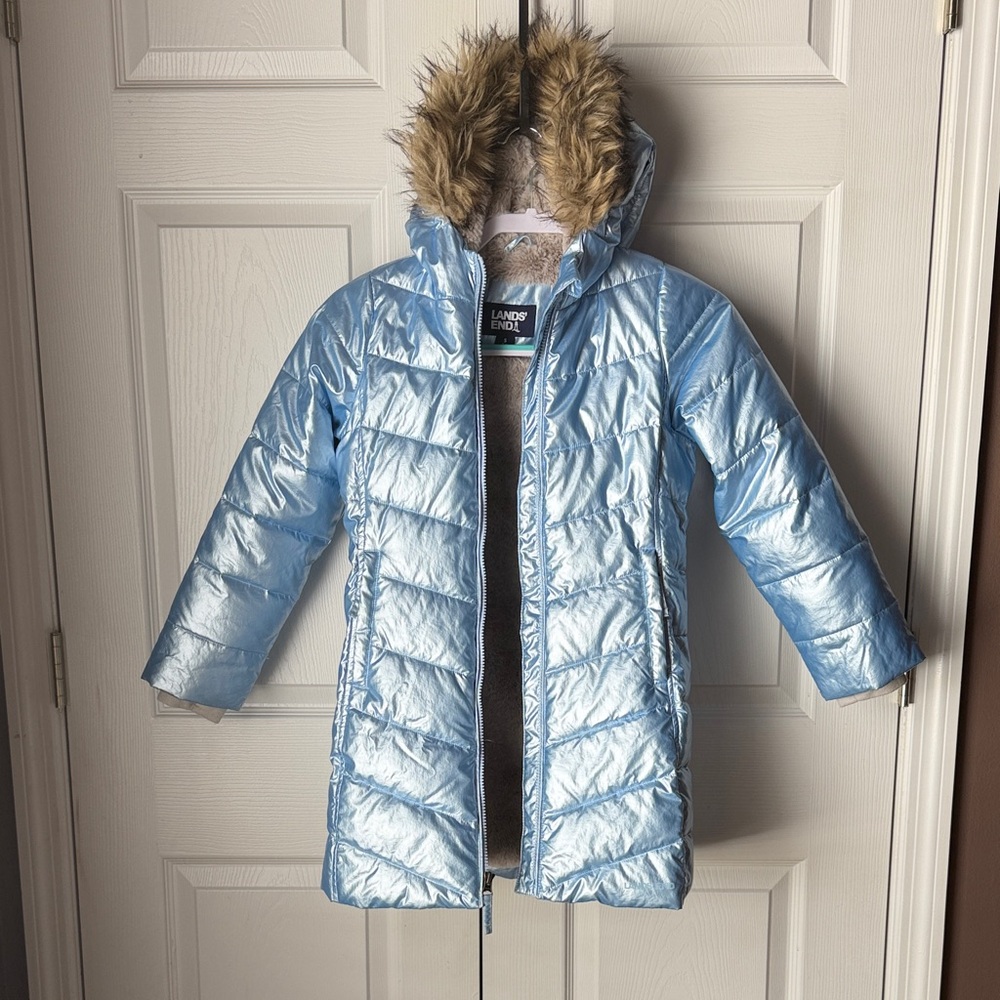 Lands' End Light Blue Quilted Jacket with Faux Fur Hood